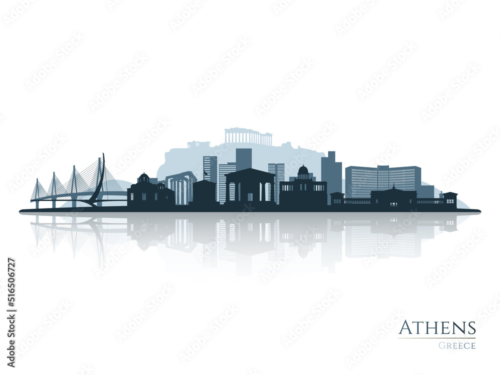 Athens skyline silhouette with reflection. Landscape Athens, Greece. Vector illustration.