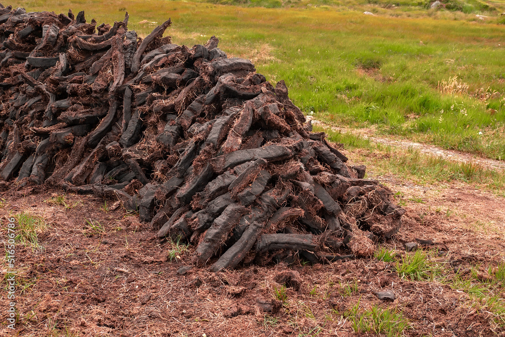 Long pile of freshly cut turf in a bog. Traditional Irish fossil fuel for heating houses with brown color. Close up. Long pile of freshly cut turf in a bog. Traditional Irish fossil fuel for heating houses with brown color. Close up.