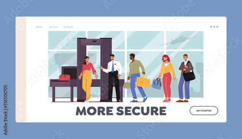 People Pass Security Check Landing Page Template. Characters in Airport Pass through Metal Detector Screening Frame