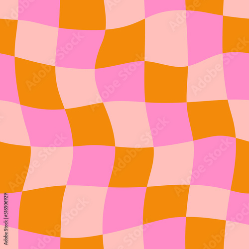 Groovy Checkerboard Seamless Pattern. Psychedelic Abstract Background in 1970s Retro Style