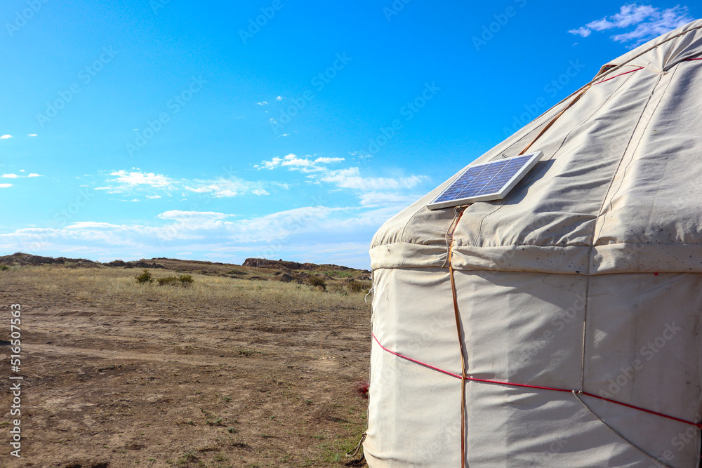 Traditional portable round tent ger and solar panel in Gobi desert ...