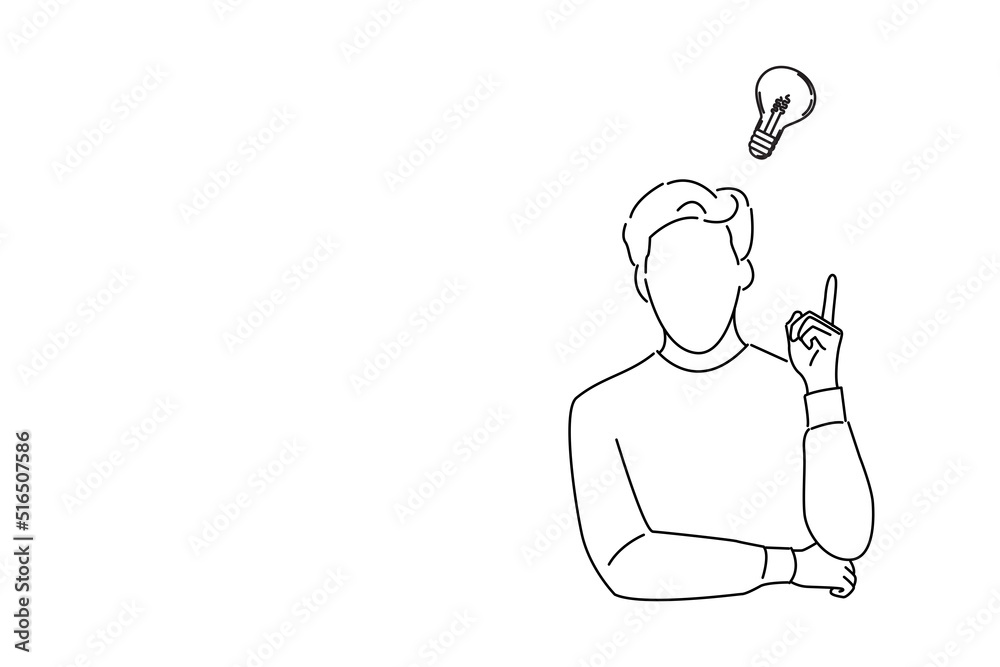 Drawing of student having great idea, finding inspiration or solution to problem Drawing of student having great idea, finding inspiration or solution to problem