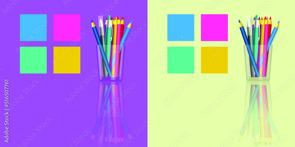 Color sticky notes and pencils in a glass. Color pencils in a realistic style. Back to school design Color sticky notes and pencils in a glass. Color pencils in a realistic style. Back to school design
