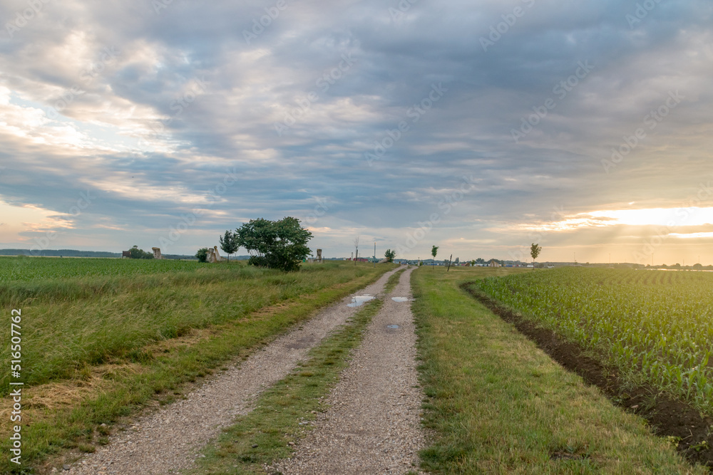 Obraz premium Sunset view on border of three countries in Europe's Schengen Area. Tripoint of Hungary, Austria and Slovak.