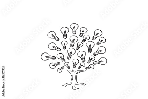 Drawing of ideas growth concept hand-drawn light bulb tree
