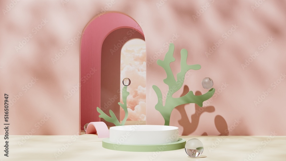 3d background with arches, glass balls and seaweed, cloud background in ...
