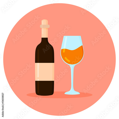 Bottle of orange wine and glass of wine isolated on white background. Icon for packing design, emblem natural product. Vector illustration