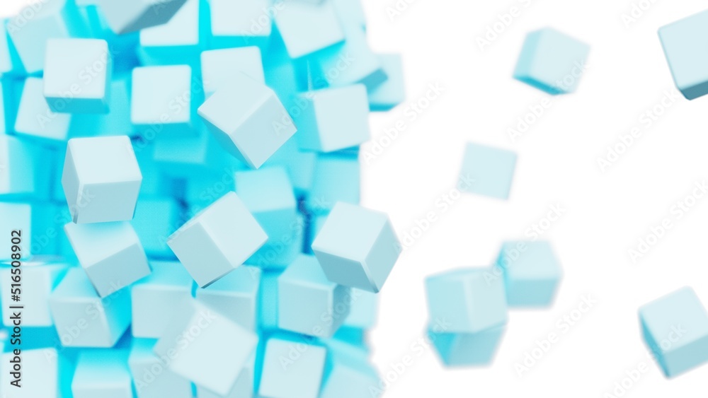 A set of many soft blue cubes that are collapsing under white lighting background. Conceptual 3D illustration of blockchain, financial system and personal data analysis. A set of many soft blue cubes that are collapsing under white lighting background. Conceptual 3D illustration of blockchain, financial system and personal data analysis.
