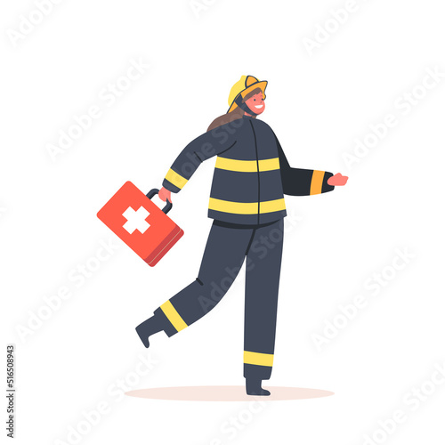 Fireman Girl Holding First Aid Kit Isolated on White Background. Kids Profession, Game, Brave Child Character in Uniform
