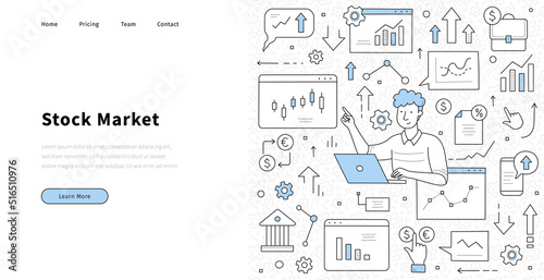 Stock market doodle landing page. Businessman trader working on computer selling and buying currency and company bonds using broker services and pc application, investment, Line art vector web banner