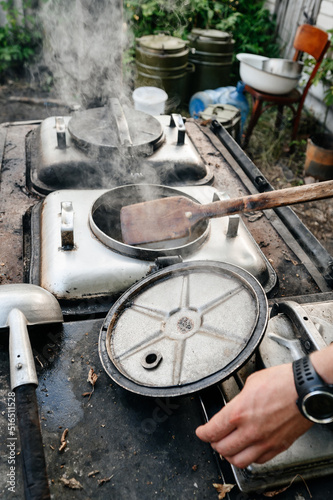 Cooking in the field kitchen during the war in Ukraine, conditions during the war.
