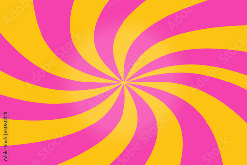 Neon bright twisted sunburst background design. Vector twisted sunshine with yellow Sun rays on pink backdrop. Sun burst wallpaper, abstract horizontal retro vintage banner template.