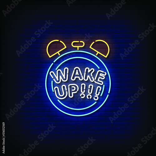 Neon Sign wake up with Brick Wall Background Vector