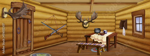 Interior of a wooden hunting lodge