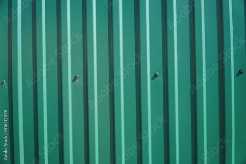 A fragment of a wall made of green metal siding.