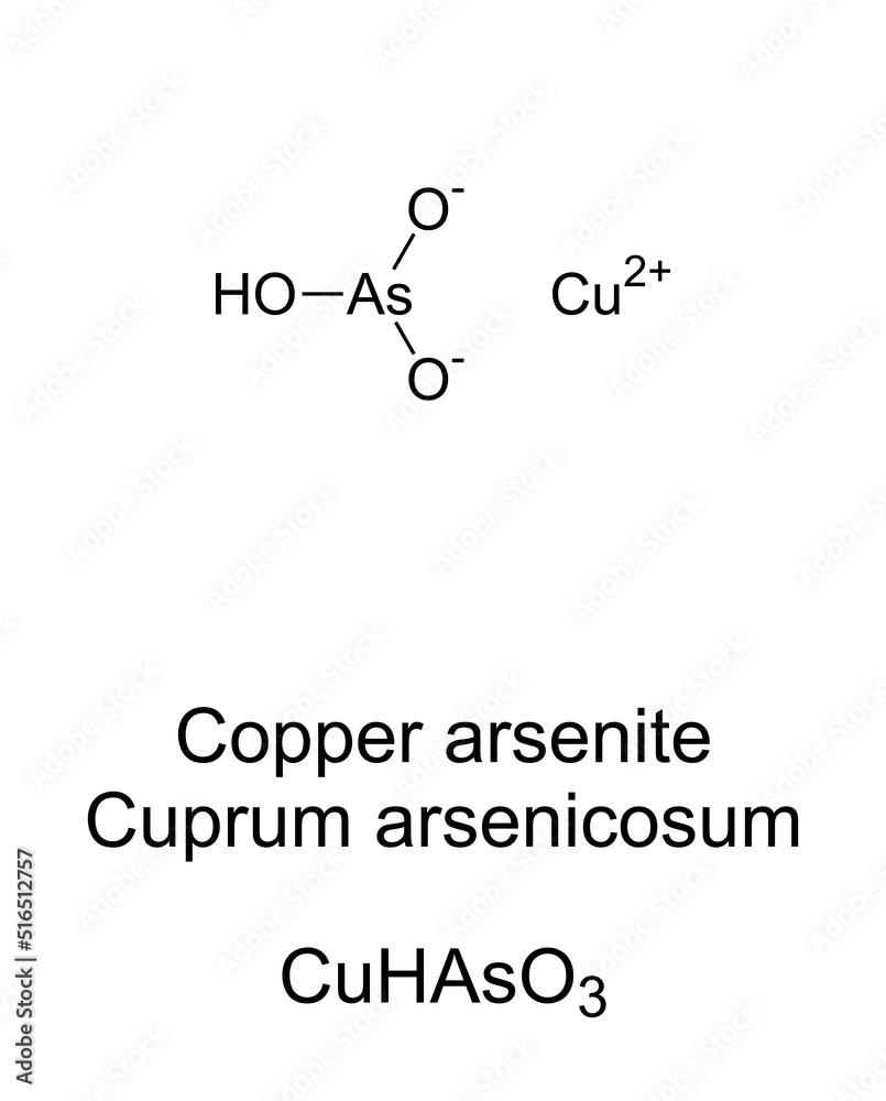 Fototapeta premium Copper arsenite, chemical formula. In homeopathy Cuprum arsenicosum. Also known as Scheeles or Schloss Green. Used as pigment in the past. Could caused the death of Napoleon, because of its toxicity.