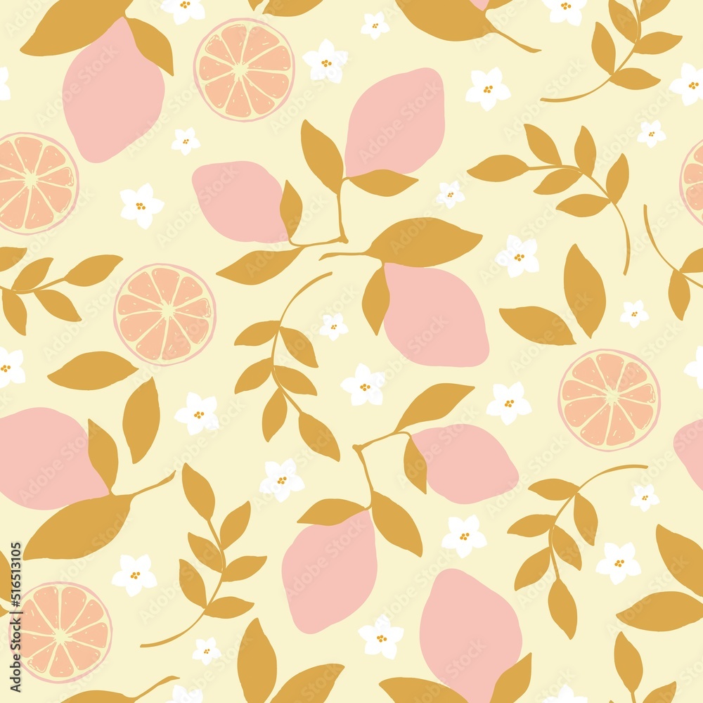 Simple abstract citrus pattern. pink lemons with gold leaves. yellow background. Fashionable print for textiles, wallpaper and packaging. Simple abstract citrus pattern. pink lemons with gold leaves. yellow background. Fashionable print for textiles, wallpaper and packaging.