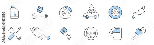 Car service doodle icons, vector signs wrench and wheels. Auto steering wheel and key, fuel station, lubricator with oil and gears. Disk with brake pad and piston, engine line art