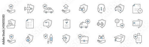 Insurance service doodle icons. Vector signs health, life and property protection. hand with shield, airplane, car, house and family protection. Operator headset, policy document, ship, ambulance