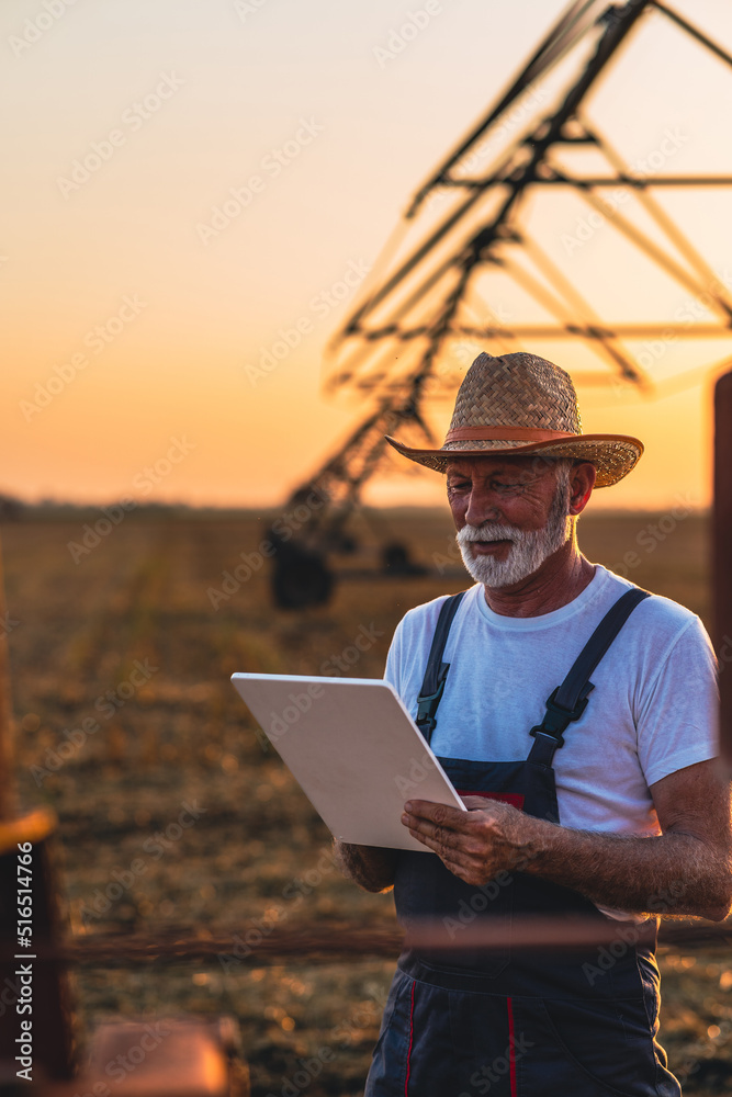 Older farmer holding tablet in his hands and adjusts irrigation system on field at sunset.