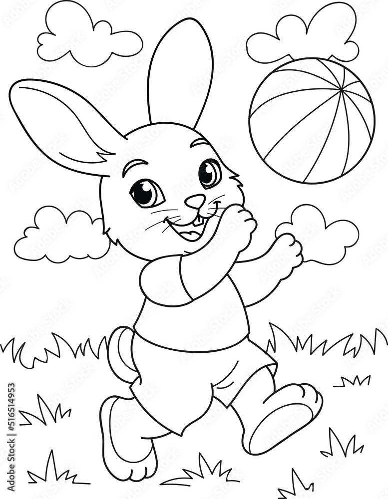 Coloring page outline of cartoon rabbit with the ball. Colorful vector ...