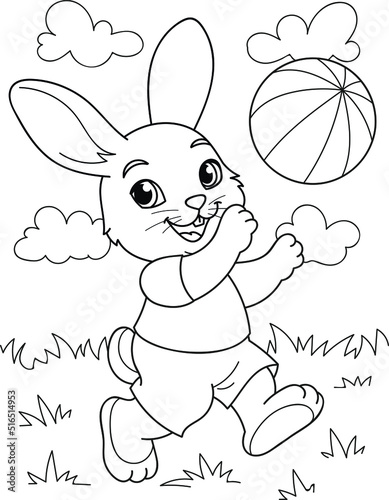 Photography Coloring page outline of cartoon rabbit with the ball