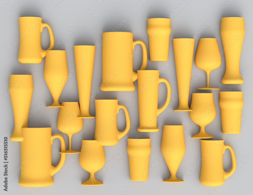 Fototapeta premium Set of yellow glasses of fresh draft beer on a grey monochrome background.