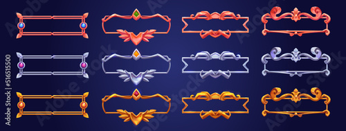 Silver, bronze and golden vintage game frames, ui medieval borders of gold or steel metal with gems. Cartoon empty metallic bordering with gemstones, isolated design gui elements, Vector illustration