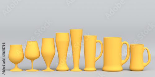 Set of yellow glasses of fresh draft beer on a grey monochrome background.