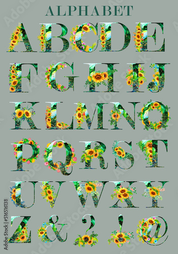 Watercolor collection of romantic green letters with hand drawn sunflowers flowers and leaves. Alphabet English set .Suitable for poster printing  print  for design work  for cards and wedding invitat