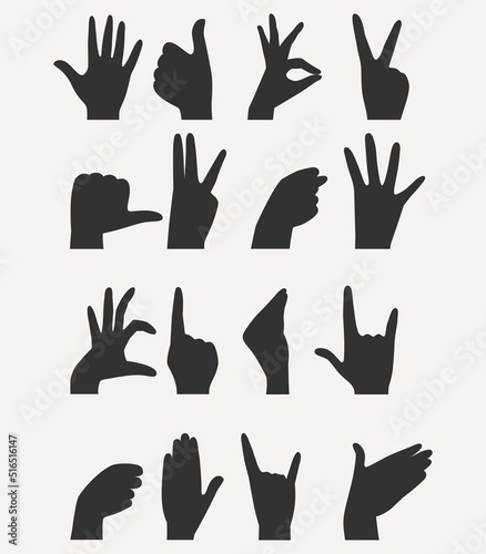 Set of hand gesture silhouettes. Graphics. Vector. On white background. Used as a pointer, sign, symbol, emblem, stencil. Can be used for printing in web design.
