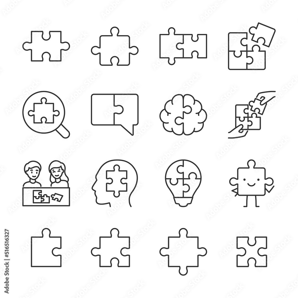 Puzzles icons set. Puzzle pieces, parts, linear icon collection. Line with editable stroke Puzzles icons set. Puzzle pieces, parts, linear icon collection. Line with editable stroke