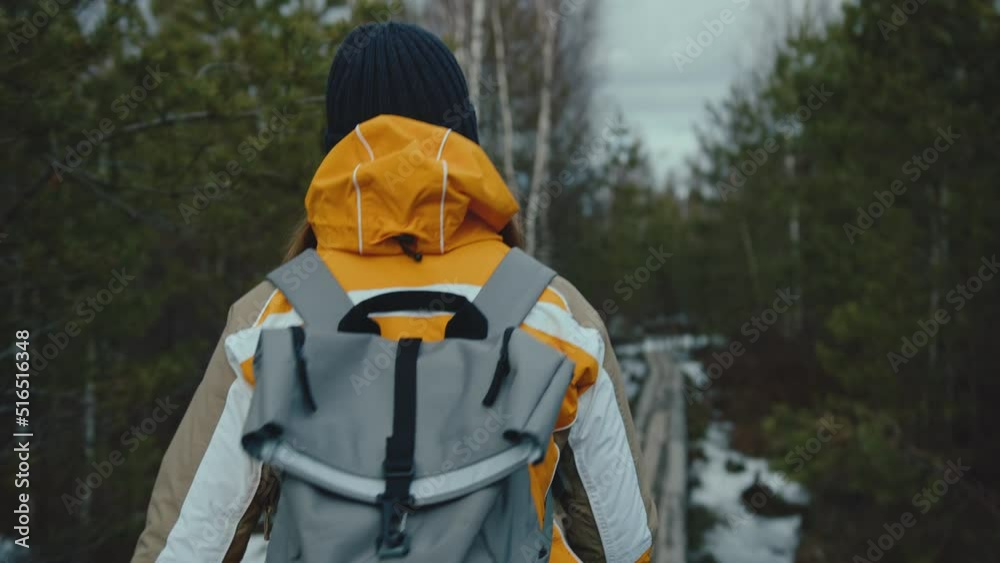 Caucasian woman walks in woods in winter, follow behind shot Caucasian woman walks in woods in winter, follow behind shot