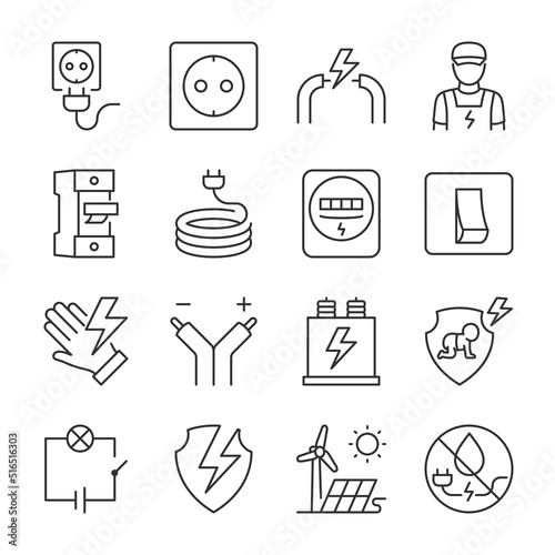 Electricity icons set. Electrician, installation, maintenance and repair of systems, circuit, equipment, linear icon collection. Line with editable stroke