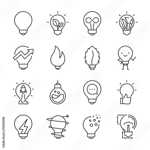 Lightbulb icons set. Different images of light bulbs, linear icon collection. Line with editable stroke