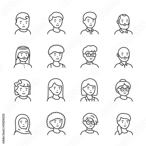 People icons set. Avatar men and women of different ages, young and old, linear icon collection. Portrait of a character with a face. Different gender and hairstyle. Line with editable stroke