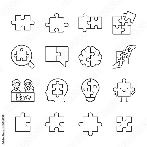 Puzzles icons set. Puzzle pieces, parts, linear icon collection. Line with editable stroke