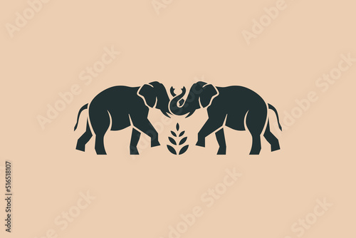 Dark elephants with intertwined trunks. Vector illustration with stamp effect. Stylized animals for logo design, packaging, and labels.