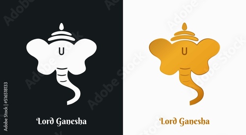 Lord Ganesha Black- white and golden logo icon vector illustration. Hindu festival Ganapati, Vinayaka hand drawn isolated symbol, sign and motif. Digital Graphic for Traditional India culture concept