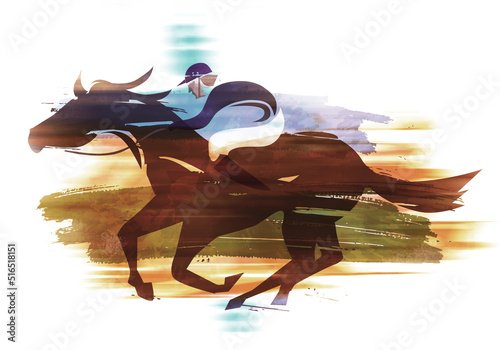 Race Horse, jockey running action. Eexpressive Illustration of Jockey on horse at Full Speed. Imitation of watercolor painting. 