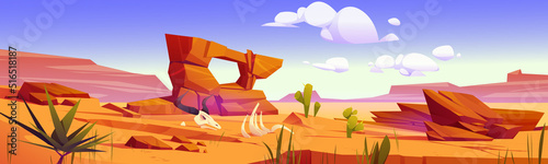 Arizona desert landscape, wild west background with golden sand dunes and stones under blue sky. Dry deserted nature with animal skeleton on yellow sandy surface and cacti, Cartoon vector illustration