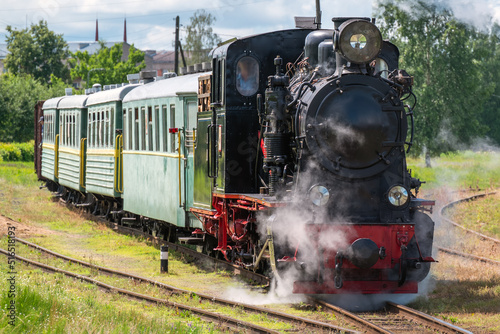 Narrow gauge train with a steam locomotive on the line Gulbene - Aluksne, Latvia.