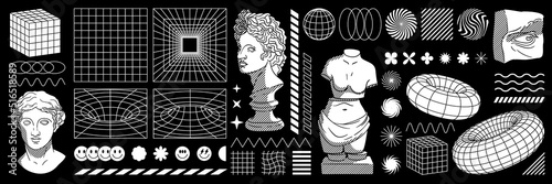 Retro futuristic set. Modern sculpture and statue, surreal geometric shapes, wireframe, cyberpunk elements and perspective grids. Abstract vector illustration in trendy psychedelic techno style.