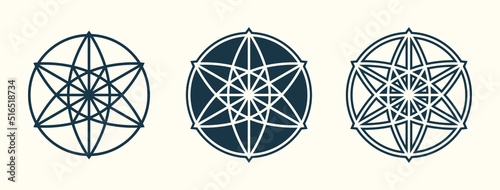 Set symbols in circle. Religion philosophy, spirituality, occultism, chemistry, science, magic. Isolated vector illustration.