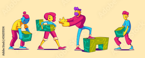 Contemporary characters team work together set up abstract geometric shapes. Trendy businesspeople teamwork, office employees collaboration, cooperation, partnership, Cartoon vector illustration