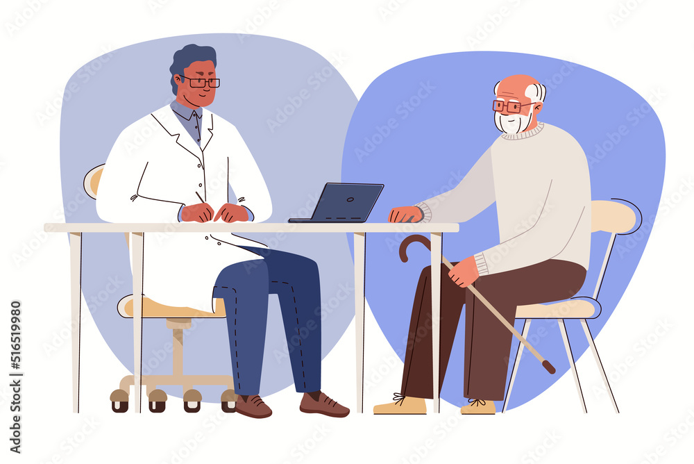 Reception of geriatric doctor, therapist, narrow specialist. Elderly man sought medical help. Physician consults patient, diagnoses, prescribes treatment. Vector characters flat cartoon illustration.
