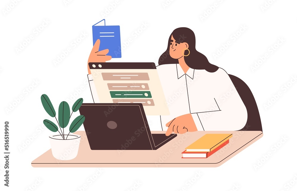 Person studying, choosing answer to online question in test. Woman passing distant internet exam. Elearning, digital education concept. Flat graphic vector illustration isolated on white background