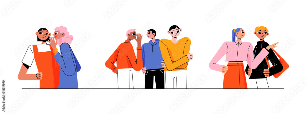 Characters gossips, whisper, happy and unhappy people gossiping, whispering in ear, slandering, spreading secrets, rumors, confidential information and news to friend Line art flat vector illustration