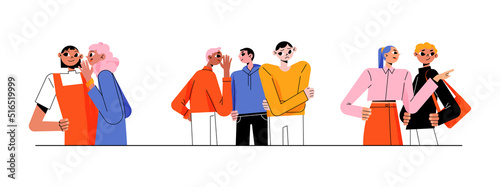 Characters gossips, whisper, happy and unhappy people gossiping, whispering in ear, slandering, spreading secrets, rumors, confidential information and news to friend Line art flat vector illustration