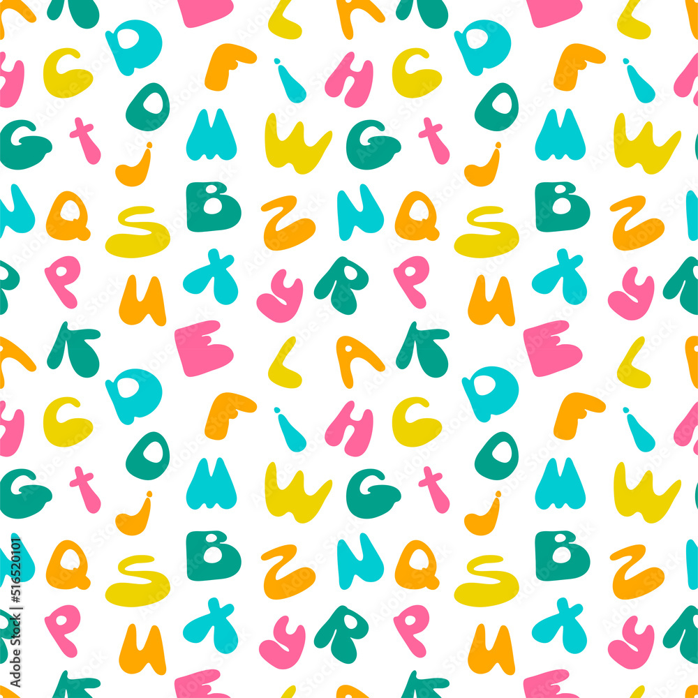 Colorful seamless pattern with English letters, alphabets. ABC background.different letters ABC. Colorful school pattern for children. Multicolor background for kids. Alphabet studying background.